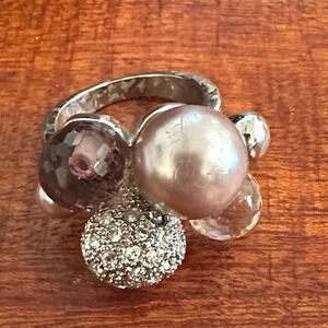 Cluster Statement Ring Women Size 7.5 Silver Pink Pearl Rhinestone Glam Costume